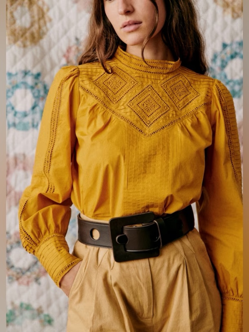 Sézane x Sea New York Mustard Yellow Lace Pintuck Blouse Cotton Sz 34 / US 2